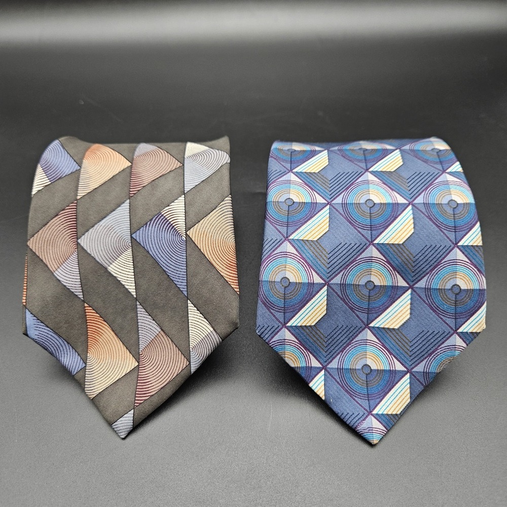 2 CONTE‎ DI MILANO Men's 100% Silk Necktie Designer GEOMETRIC Multicolor CLASSIC